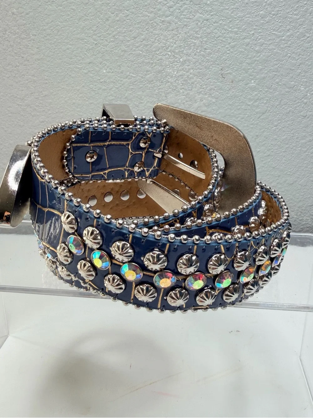 Western Blue Rhinestone Belt Crystal Diamond Studded Faux Leather Cowgirl Belt
